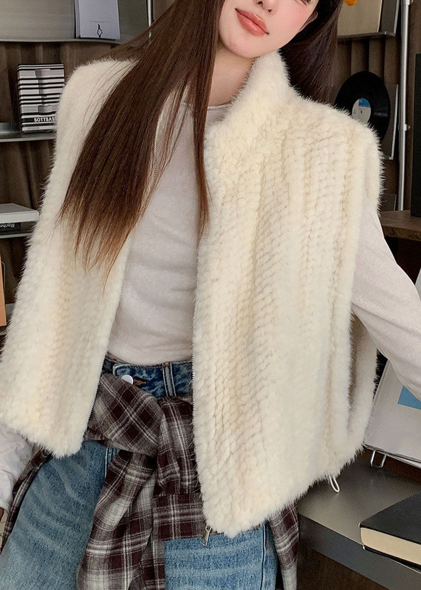 Italian White Zippered Drawstring Mink Hair Waistcoat Sleeveless