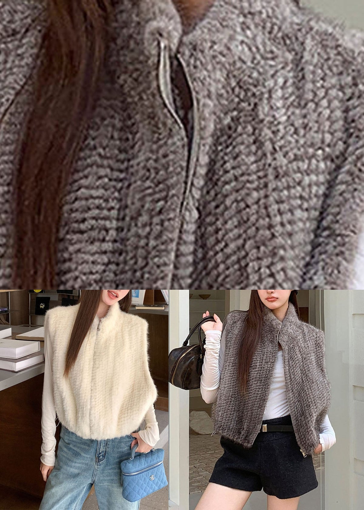 Italian White Zippered Drawstring Mink Hair Waistcoat Sleeveless