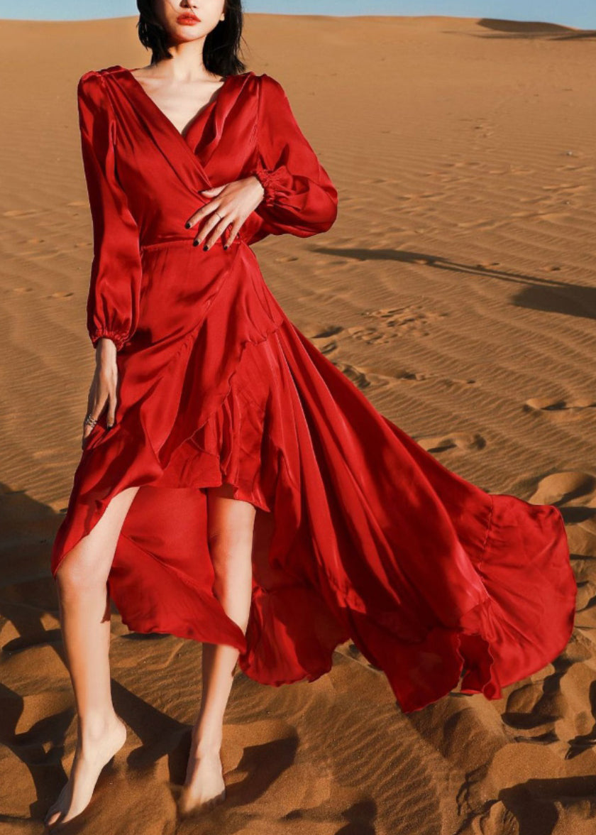 Italian Wine Red V Neck Low High Design Cotton Robe Dresses Fall