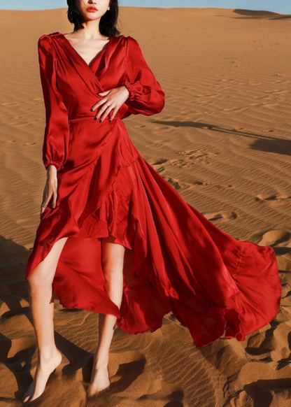 Italian Wine Red V Neck Low High Design Cotton Robe Dresses Fall