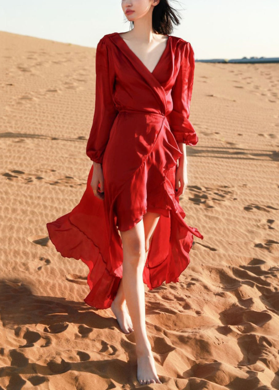 Italian Wine Red V Neck Low High Design Cotton Robe Dresses Fall