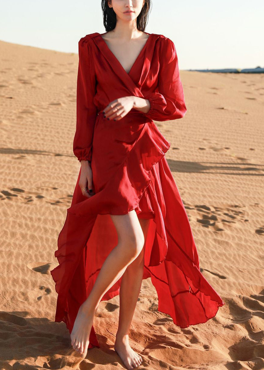 Italian Wine Red V Neck Low High Design Cotton Robe Dresses Fall