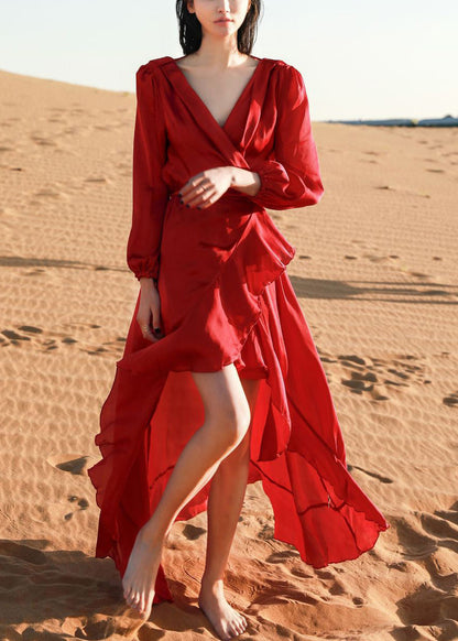 Italian Wine Red V Neck Low High Design Cotton Robe Dresses Fall