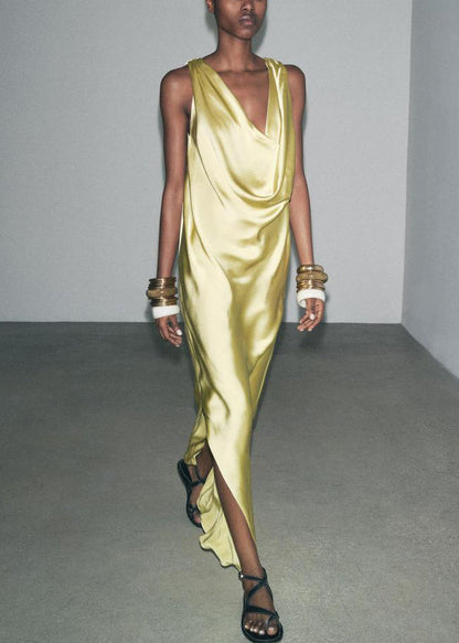 Italian Yellow Backless Side Open Silk Maxi Dress Sleeveless