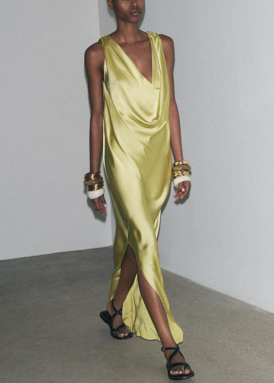 Italian Yellow Backless Side Open Silk Maxi Dress Sleeveless