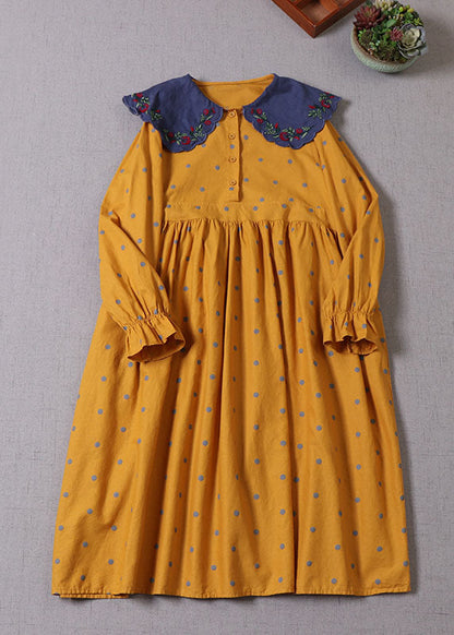 Italian Yellow Embroideried Patchwork Dot Cotton Party Dress Spring
