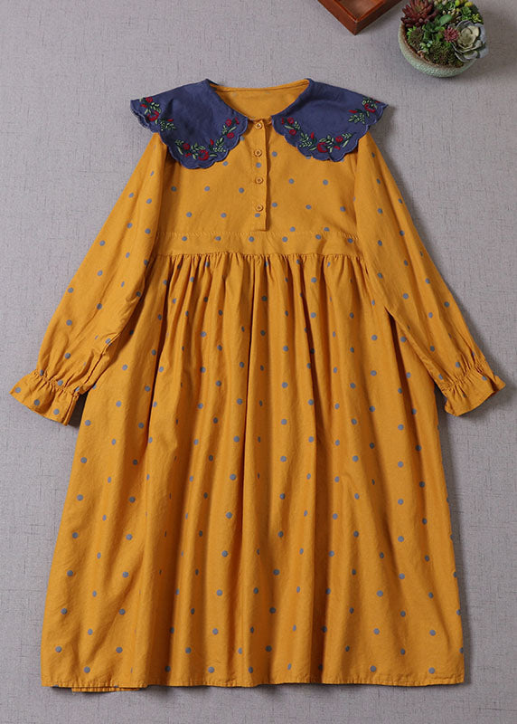 Italian Yellow Embroideried Patchwork Dot Cotton Party Dress Spring