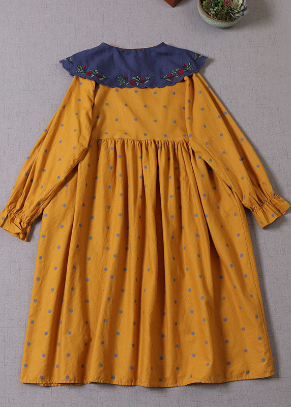 Italian Yellow Embroideried Patchwork Dot Cotton Party Dress Spring
