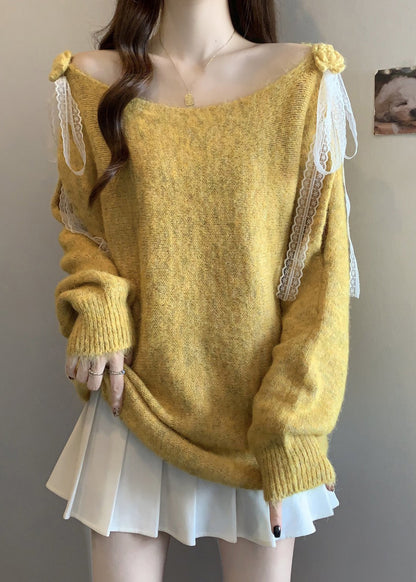 Italian Yellow Hollow Out Lace Patchwork Knit Sweater Spring