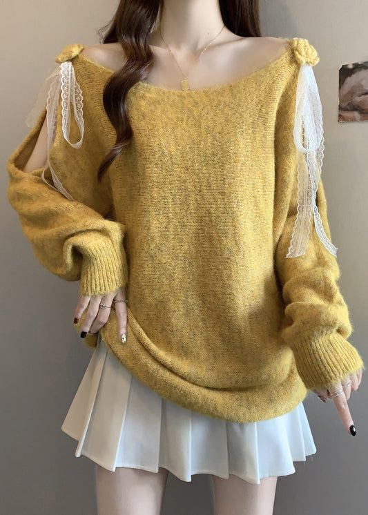 Italian Yellow Hollow Out Lace Patchwork Knit Sweater Spring