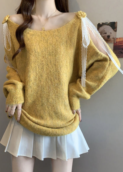 Italian Yellow Hollow Out Lace Patchwork Knit Sweater Spring