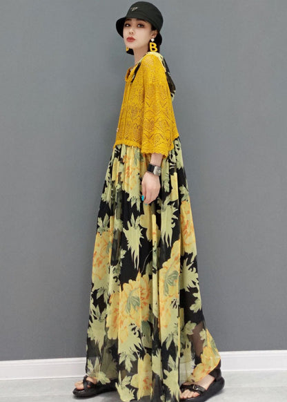 Italian Yellow Hooded Patchwork Chiffon Lace Maxi Dresses Bracelet Sleeve
