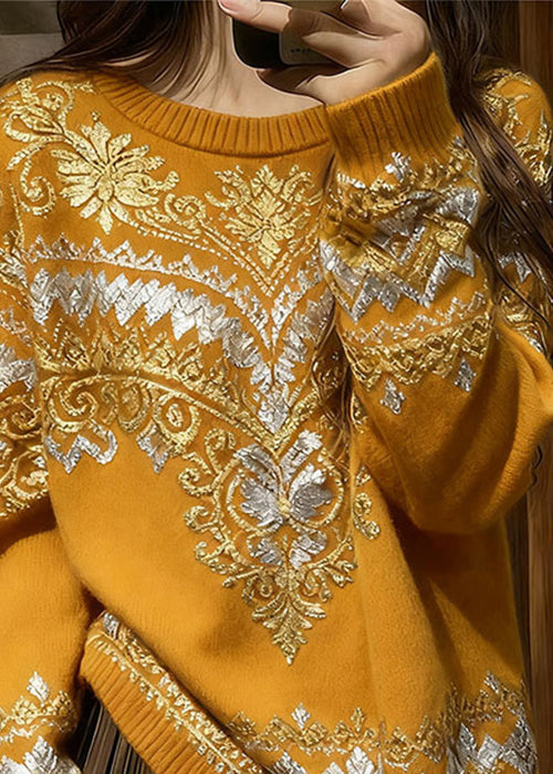 Italian Yellow O Neck Print Cozy Knit Sweater Tops Spring