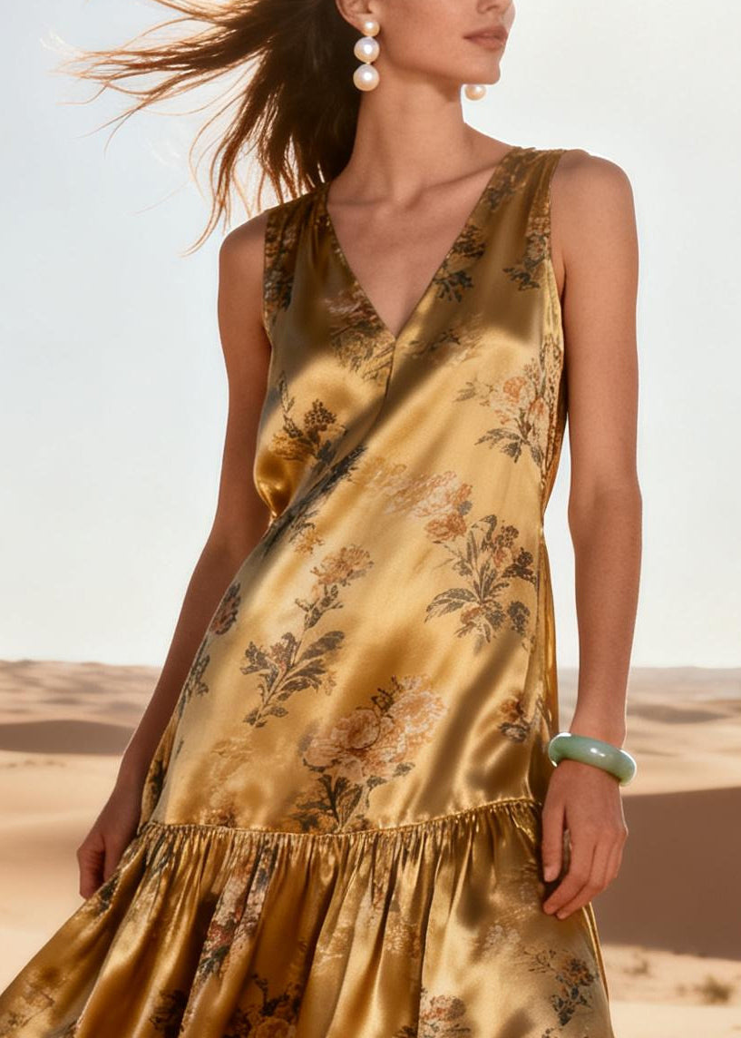 Italian Yellow Oversized Patchwork Print Silk Long Dress Summer