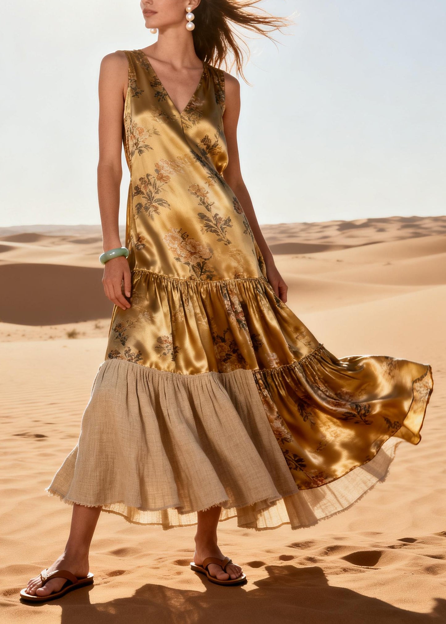 Italian Yellow Oversized Patchwork Print Silk Long Dress Summer