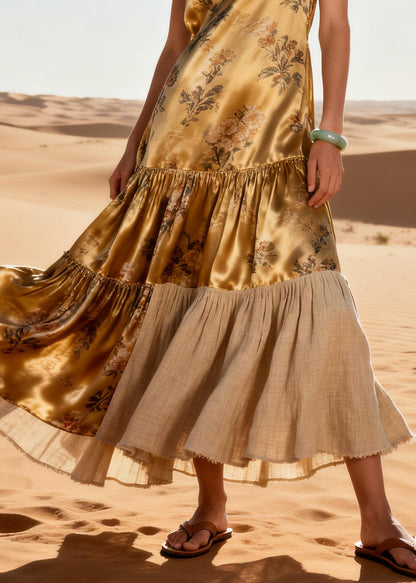 Italian Yellow Oversized Patchwork Print Silk Long Dress Summer