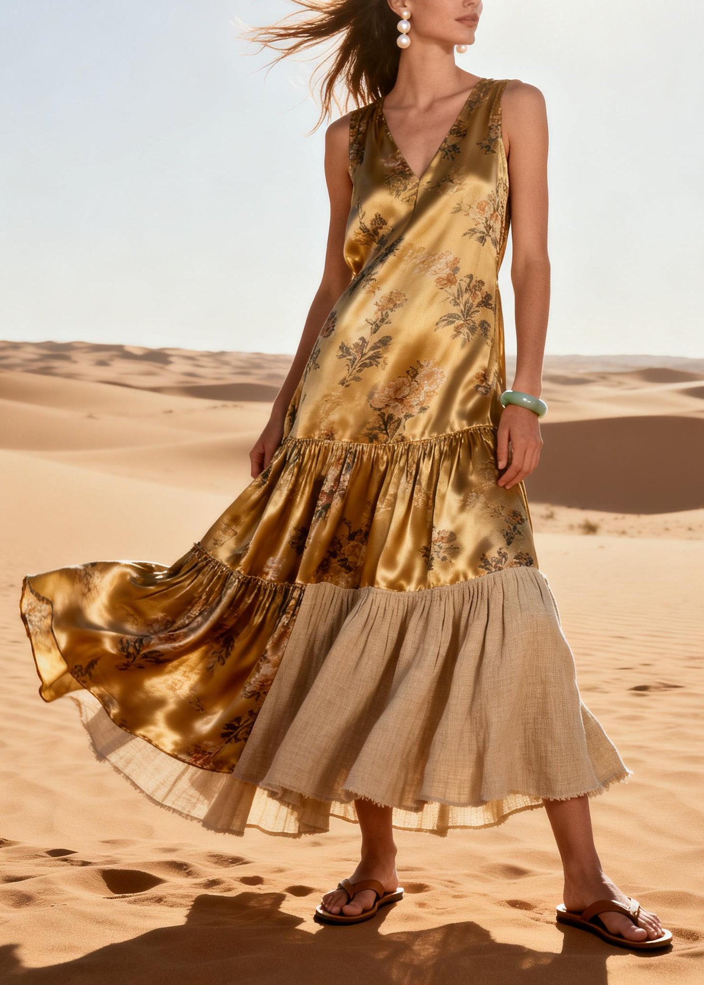 Italian Yellow Oversized Patchwork Print Silk Long Dress Summer