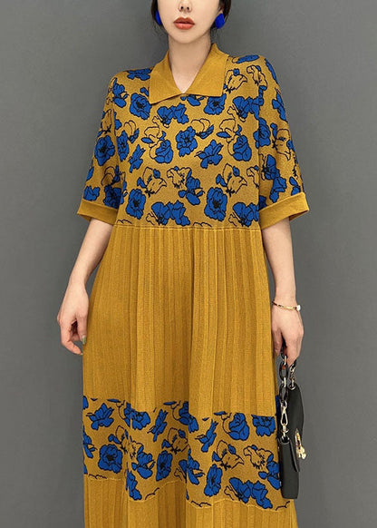 Italian Yellow Peter Pan Collar Patchwork Print Knit Long Dresses Summer