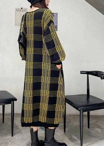 Italian Yellow Plaid V Neck Fall Knit Dress