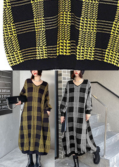 Italian Yellow Plaid V Neck Fall Knit Dress
