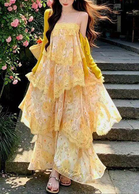 Italian Yellow Print Lace Patchwork Chiffon Sundress Summer