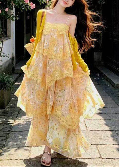 Italian Yellow Print Lace Patchwork Chiffon Sundress Summer