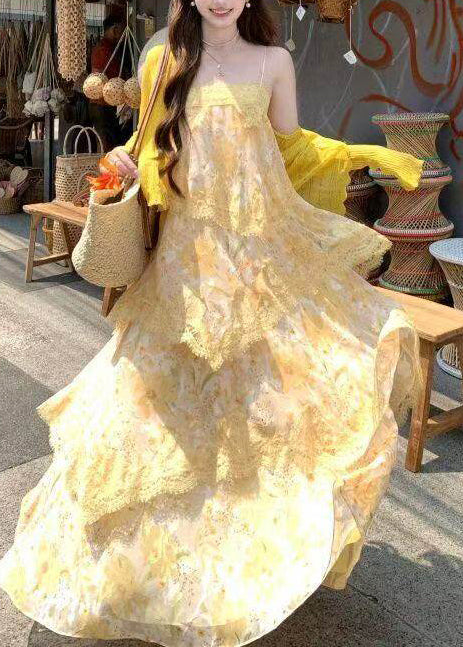 Italian Yellow Print Lace Patchwork Chiffon Sundress Summer