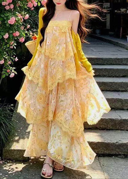 Italian Yellow Print Lace Patchwork Chiffon Sundress Summer