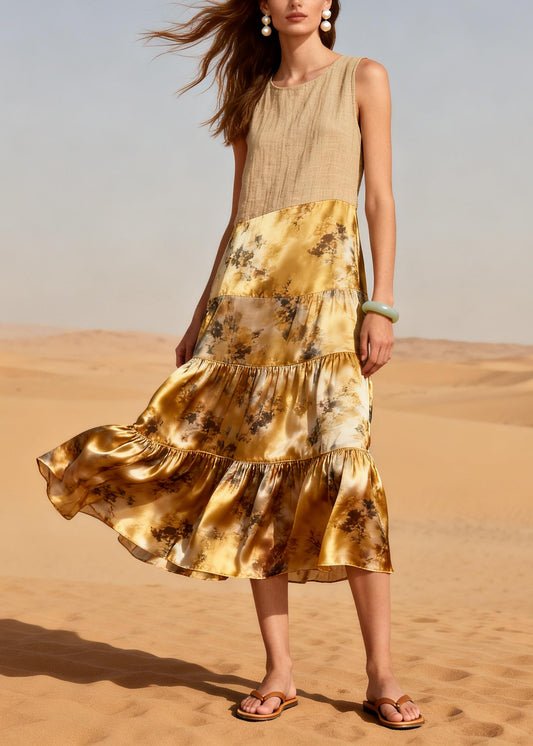 Italian Yellow Print Patchwork Linen Silk Dress Summer
