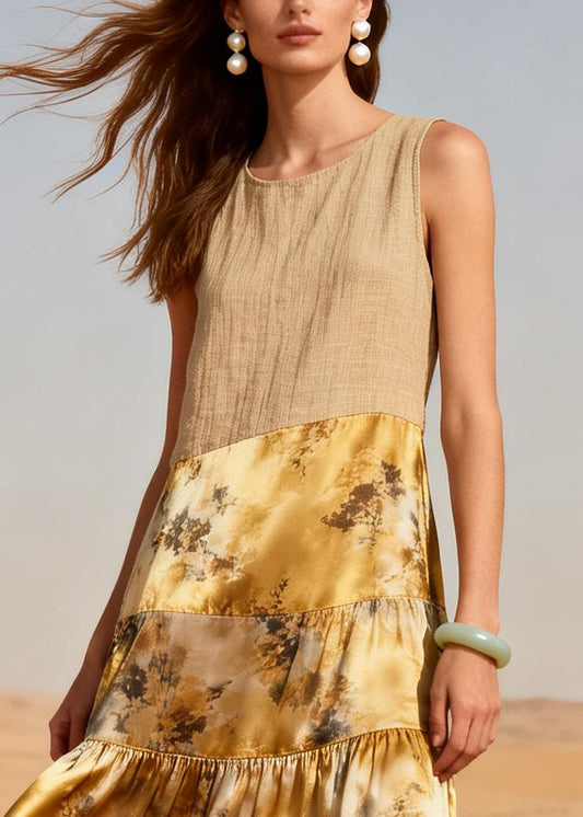 Italian Yellow Print Patchwork Linen Silk Dress Summer