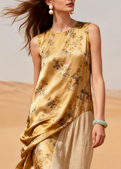 Italian Yellow Ruffled Patchwork Print Silk Holiday Dress Summer