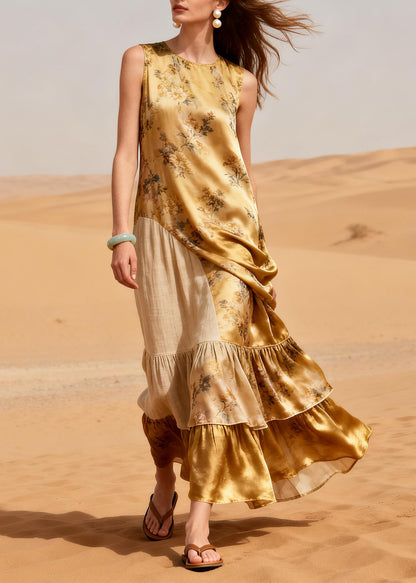 Italian Yellow Ruffled Patchwork Print Silk Holiday Dress Summer
