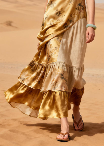 Italian Yellow Ruffled Patchwork Print Silk Holiday Dress Summer