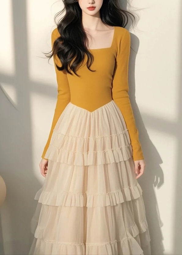 Italian Yellow Square Collar Tulle Patchwork Long Dress Spring