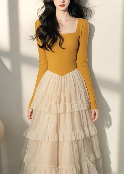Italian Yellow Square Collar Tulle Patchwork Long Dress Spring