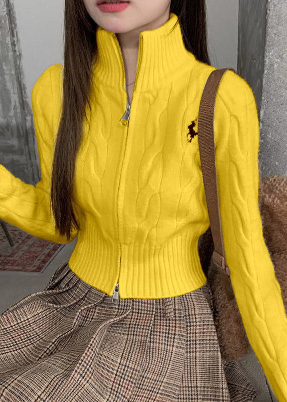 Italian Yellow Stand Collar Zippered Cotton Knit Cardigans Fall