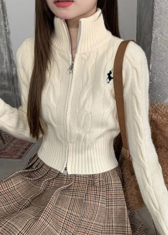 Italian Yellow Stand Collar Zippered Cotton Knit Cardigans Fall