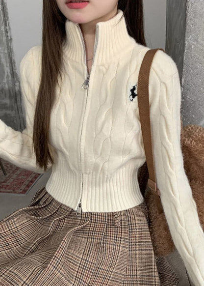 Italian Yellow Stand Collar Zippered Cotton Knit Cardigans Fall