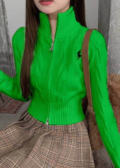 Italian Yellow Stand Collar Zippered Cotton Knit Cardigans Fall