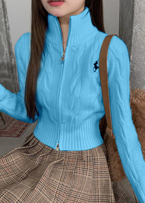 Italian Yellow Stand Collar Zippered Cotton Knit Cardigans Fall
