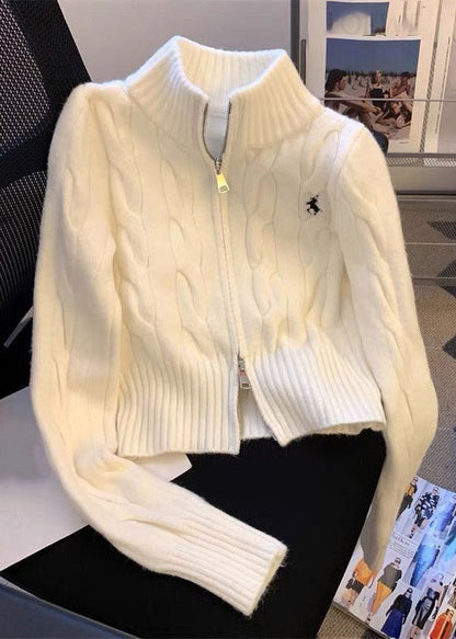 Italian Yellow Stand Collar Zippered Cotton Knit Cardigans Fall