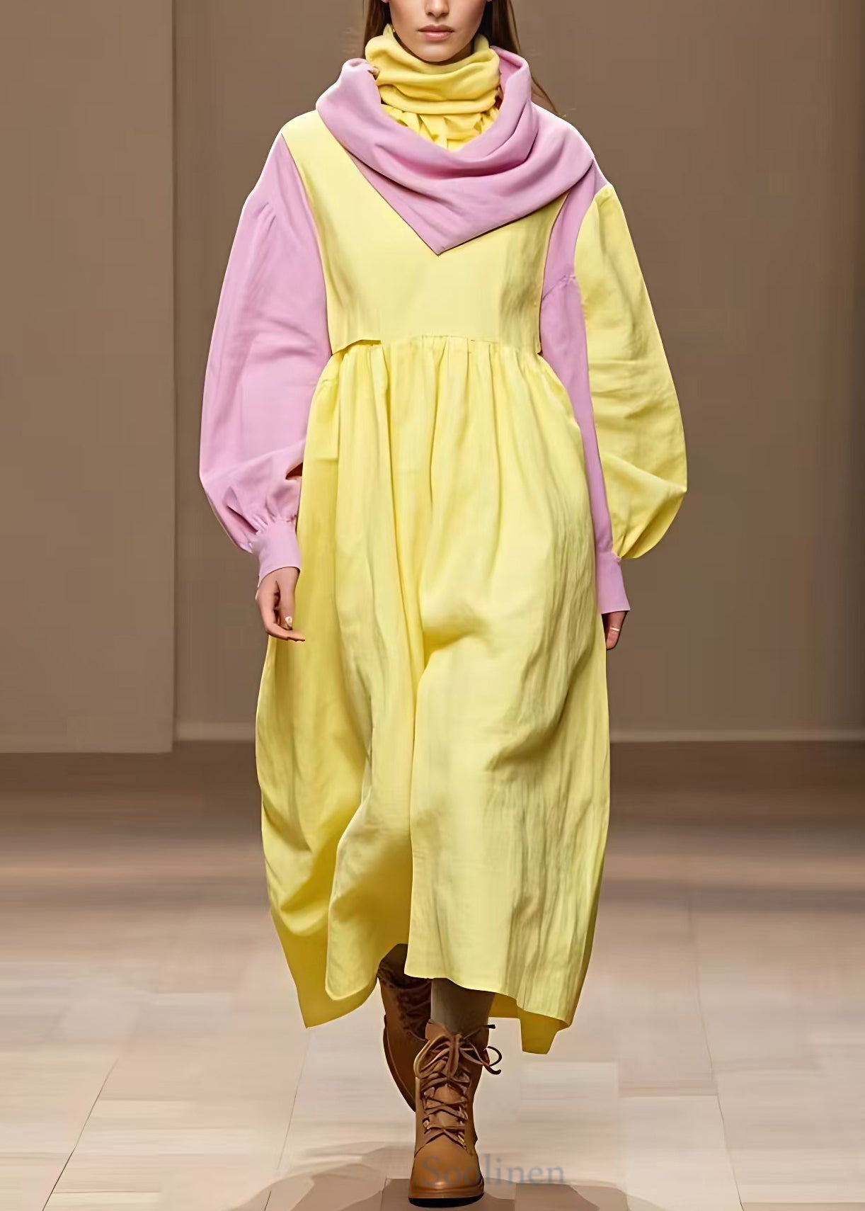 Italian Yellow Turtleneck Asymmetrical Cotton Maxi Dresses Fall