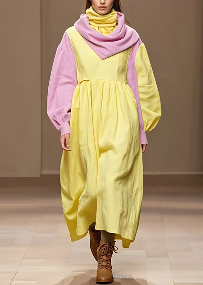 Italian Yellow Turtleneck Asymmetrical Cotton Maxi Dresses Fall