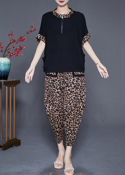 Italian Zip Up Patchwork Leopard Cotton Two Pieces Set Summer