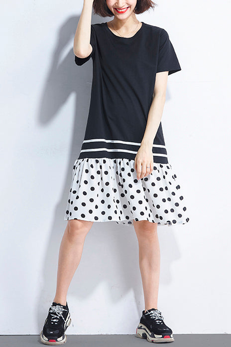 Italian black Cotton quilting dresses 2025 Shirts patchwork o neck loose Summer Dress