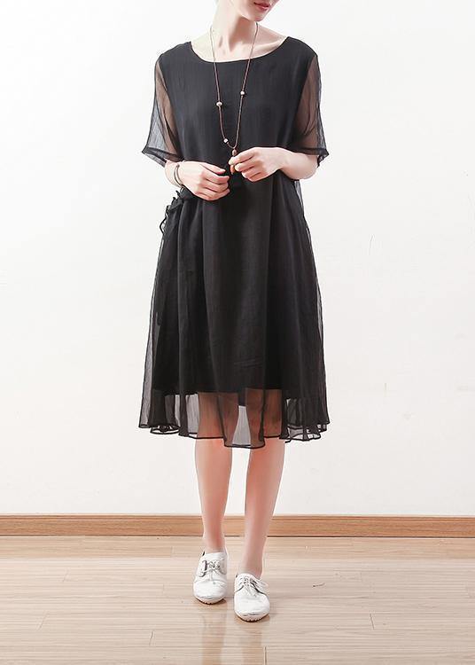 Italian black chiffon dresses Casual o neck Cinched long summer Dress - SooLinen