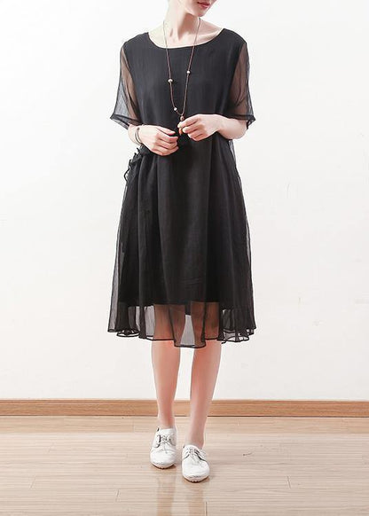 Italian black chiffon dresses Casual o neck Cinched long summer Dress - SooLinen