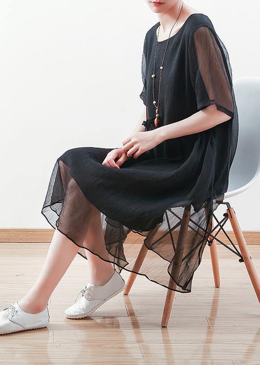 Italian black chiffon dresses Casual o neck Cinched long summer Dress - SooLinen