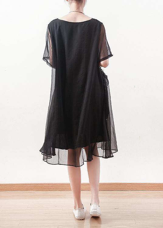 Italian black chiffon dresses Casual o neck Cinched long summer Dress - SooLinen