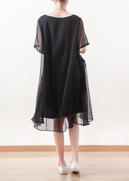 Italian black chiffon dresses Casual o neck Cinched long summer Dress - SooLinen